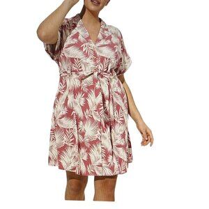 Torrid Mini Rayon Slub Button Front Collared Dress, Shaded Palms, 2, 2X, 18/20